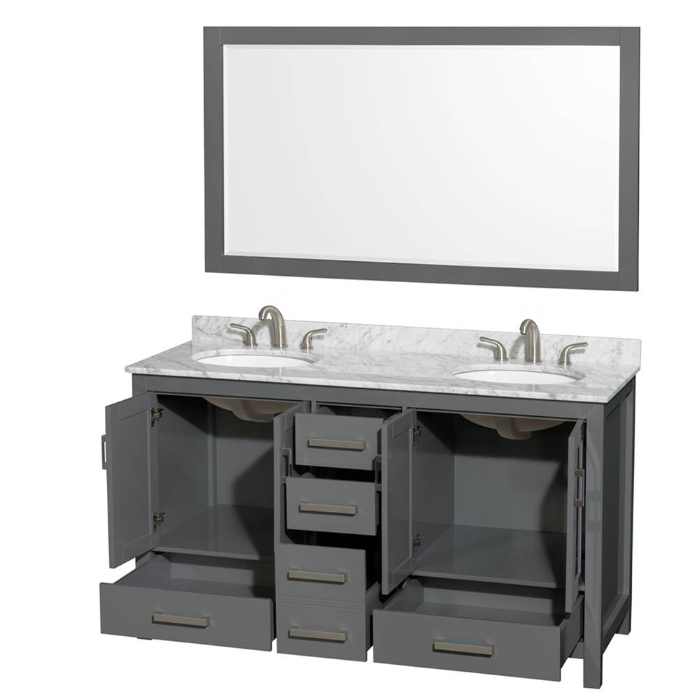 Sheffield 60 Inch Double Bathroom Vanity in Espresso, White Carrara Marble Countertop, Undermount Oval Sinks, and 58 Inch Mirror