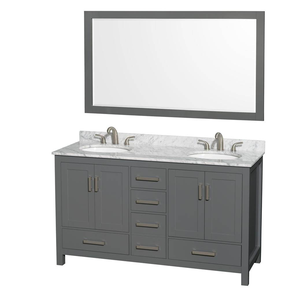 Wyndham Collection - Sheffield 60 Inch Double Bathroom Vanity in Dark Gray, White Carrara Marble Countertop, Undermount Oval Sinks, and 58 Inch Mirror - Dark Gray