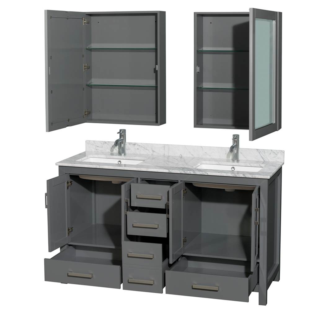 Sheffield 60 Inch Double Bathroom Vanity in Espresso, White Carrara Marble Countertop, Undermount Square Sinks, and Medicine Cabinets