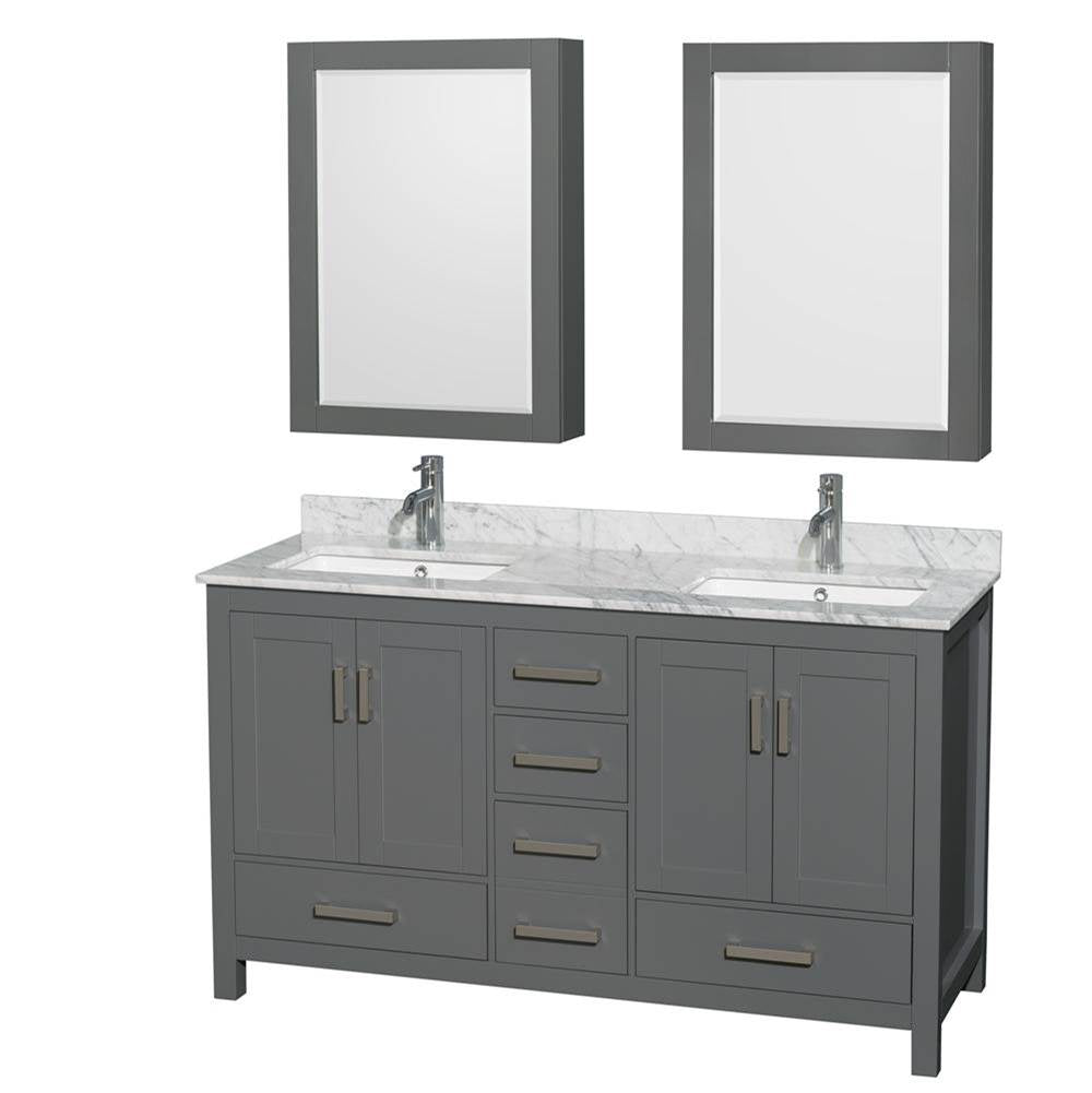 Wyndham Collection - Sheffield 60 Inch Double Bathroom Vanity in Dark Gray, White Carrara Marble Countertop, Undermount Square Sinks, and Medicine Cabinets - Dark Gray