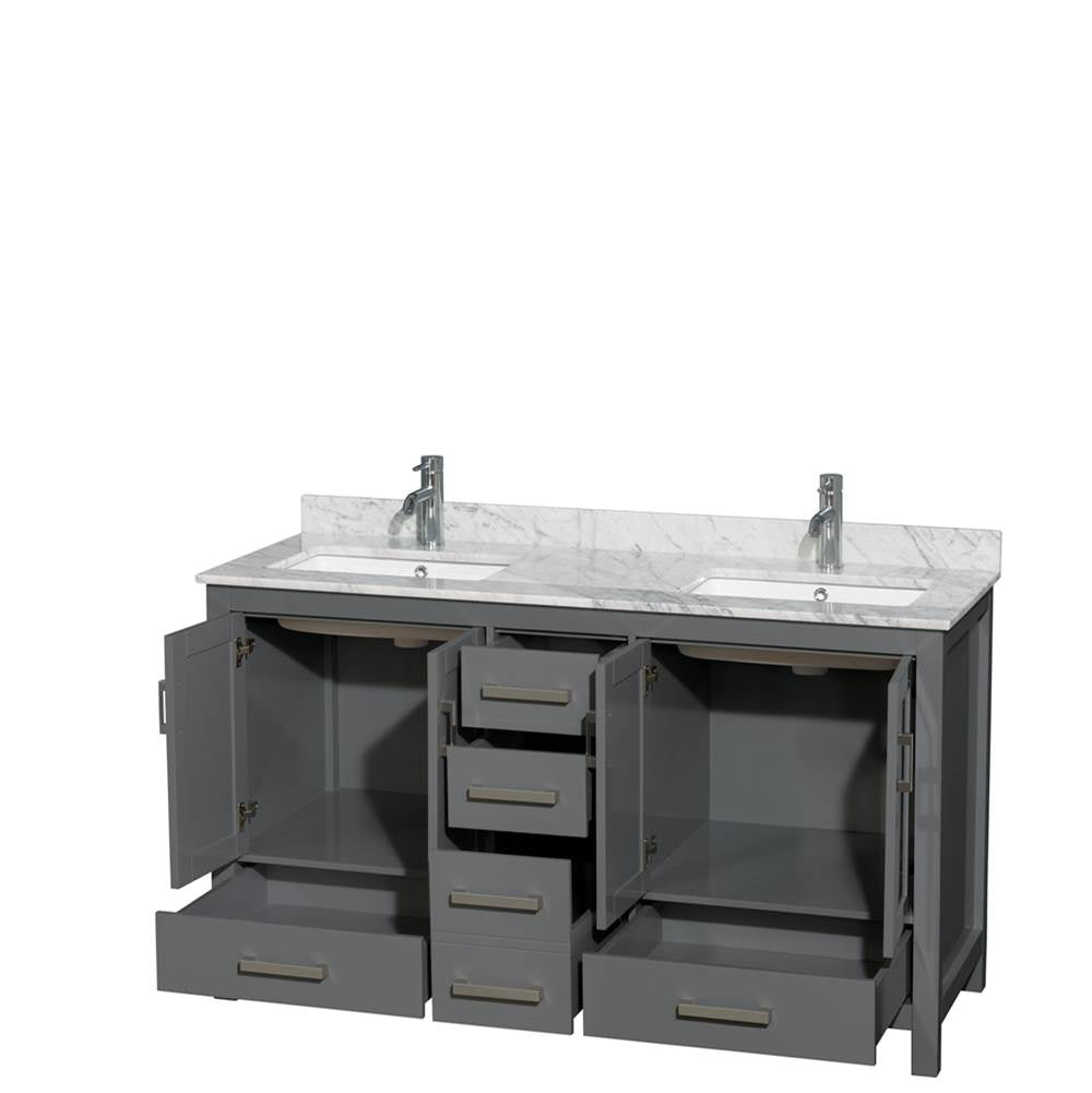 Sheffield 60 Inch Double Bathroom Vanity in Espresso, White Carrara Marble Countertop, Undermount Square Sinks, and No Mirror