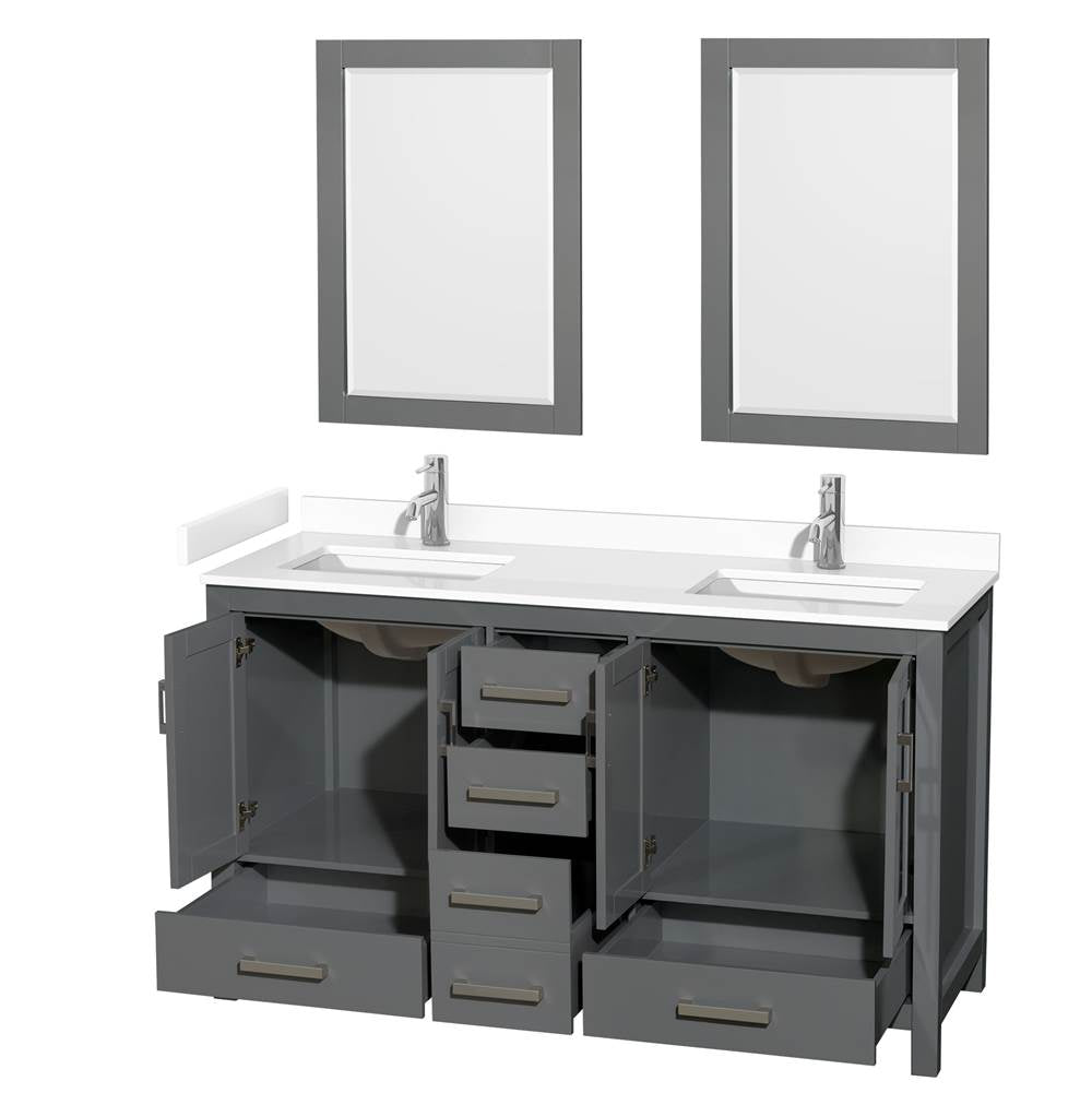 Sheffield 60 Inch Double Bathroom Vanity in Dark Gray, White Cultured Marble Countertop, Undermount Square Sinks, 24 Inch Mirrors
