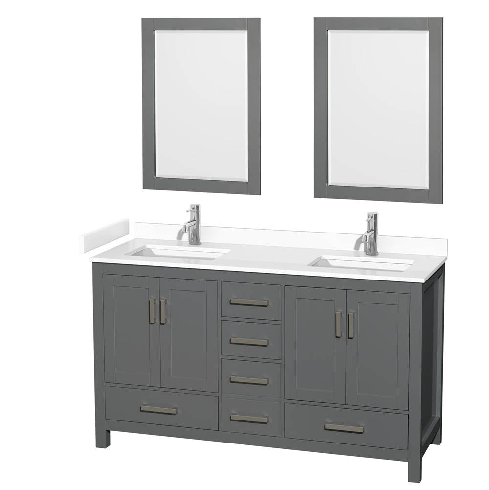 Wyndham Collection - Sheffield 60 Inch Double Bathroom Vanity in Dark Gray, White Cultured Marble Countertop, Undermount Square Sinks, 24 Inch Mirrors