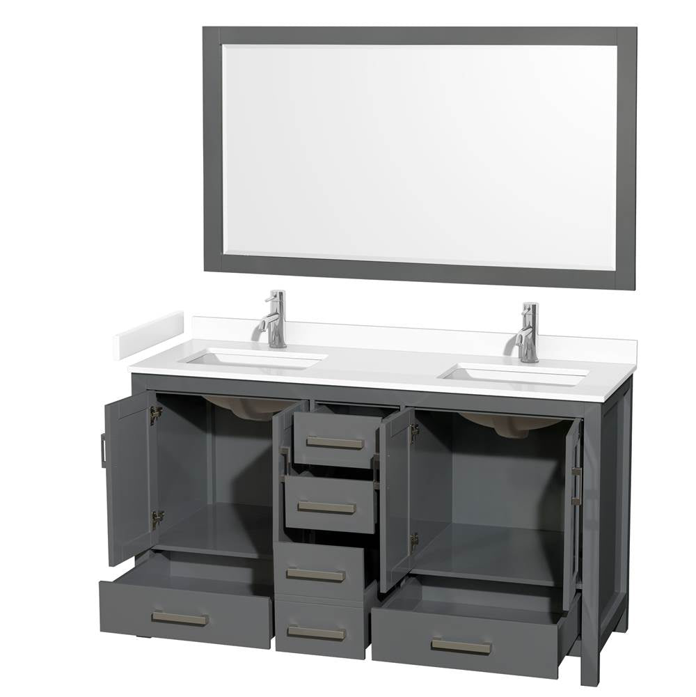 Sheffield 60 Inch Double Bathroom Vanity in Dark Gray, White Cultured Marble Countertop, Undermount Square Sinks, 58 Inch Mirror