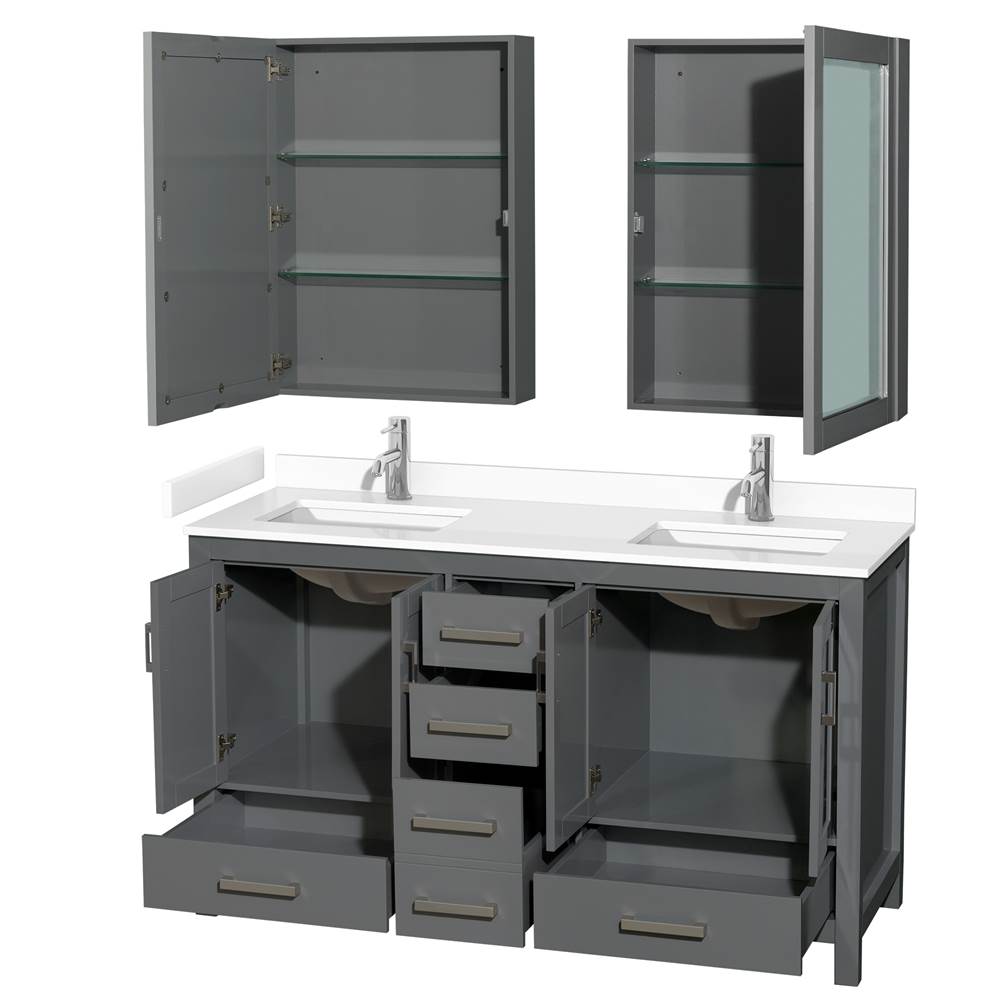Sheffield 60 Inch Double Bathroom Vanity in Dark Gray, White Cultured Marble Countertop, Undermount Square Sinks, Medicine Cabinets
