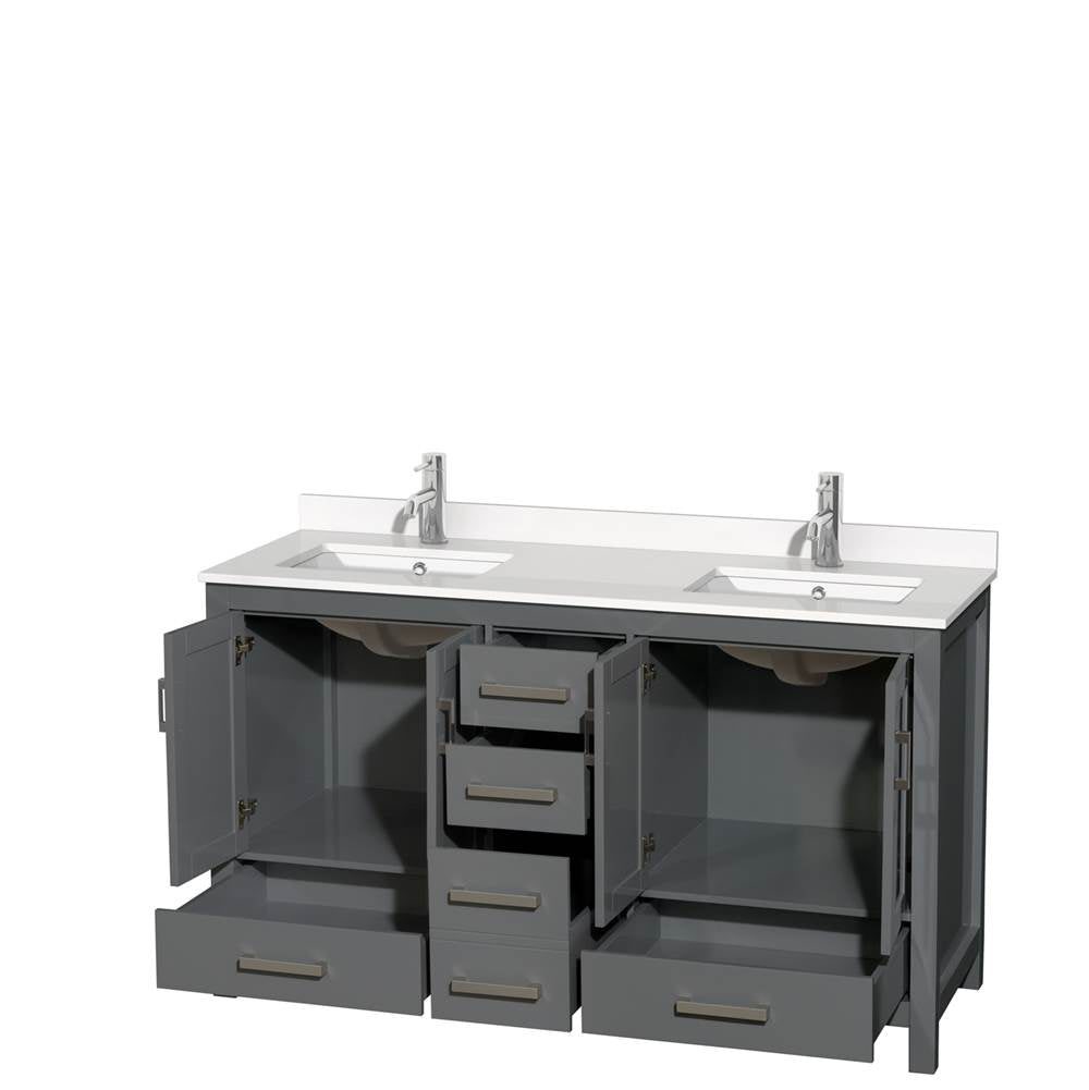 Sheffield 60 Inch Double Bathroom Vanity in Gray, White Quartz Countertop, Undermount Square Sinks, No Mirror