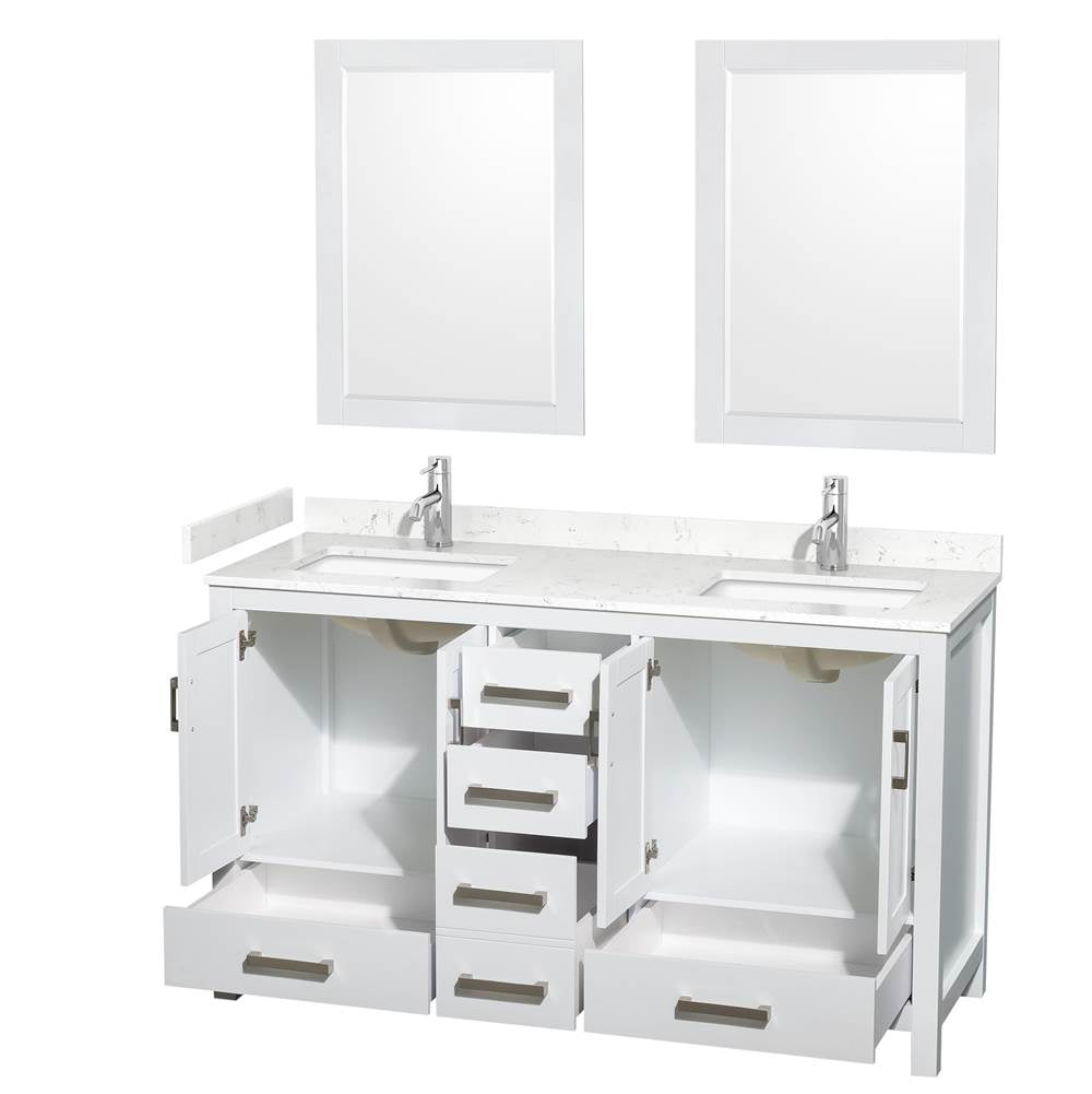 Sheffield 60 Inch Double Bathroom Vanity in White, Carrara Cultured Marble Countertop, Undermount Square Sinks, 24 Inch Mirrors