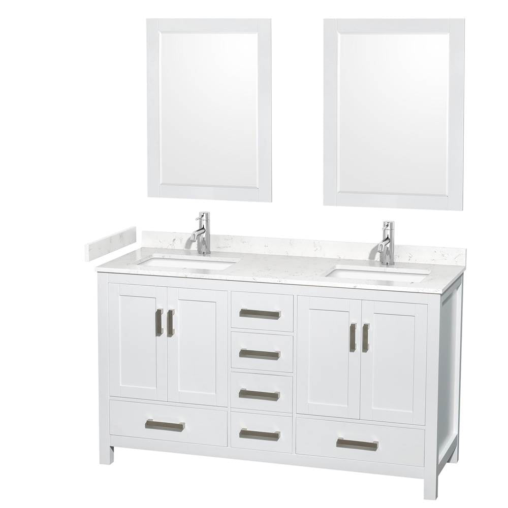 Wyndham Collection - Sheffield 60 Inch Double Bathroom Vanity in White, Carrara Cultured Marble Countertop, Undermount Square Sinks, 24 Inch Mirrors