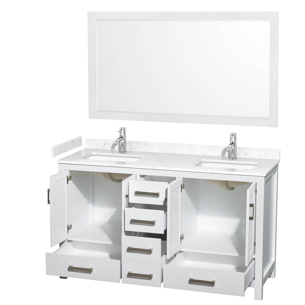 Sheffield 60 Inch Double Bathroom Vanity in White, Carrara Cultured Marble Countertop, Undermount Square Sinks, 58 Inch Mirror