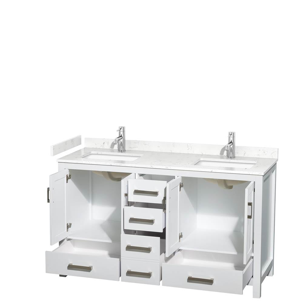 Sheffield 60 Inch Double Bathroom Vanity in White, Carrara Cultured Marble Countertop, Undermount Square Sinks, No Mirror