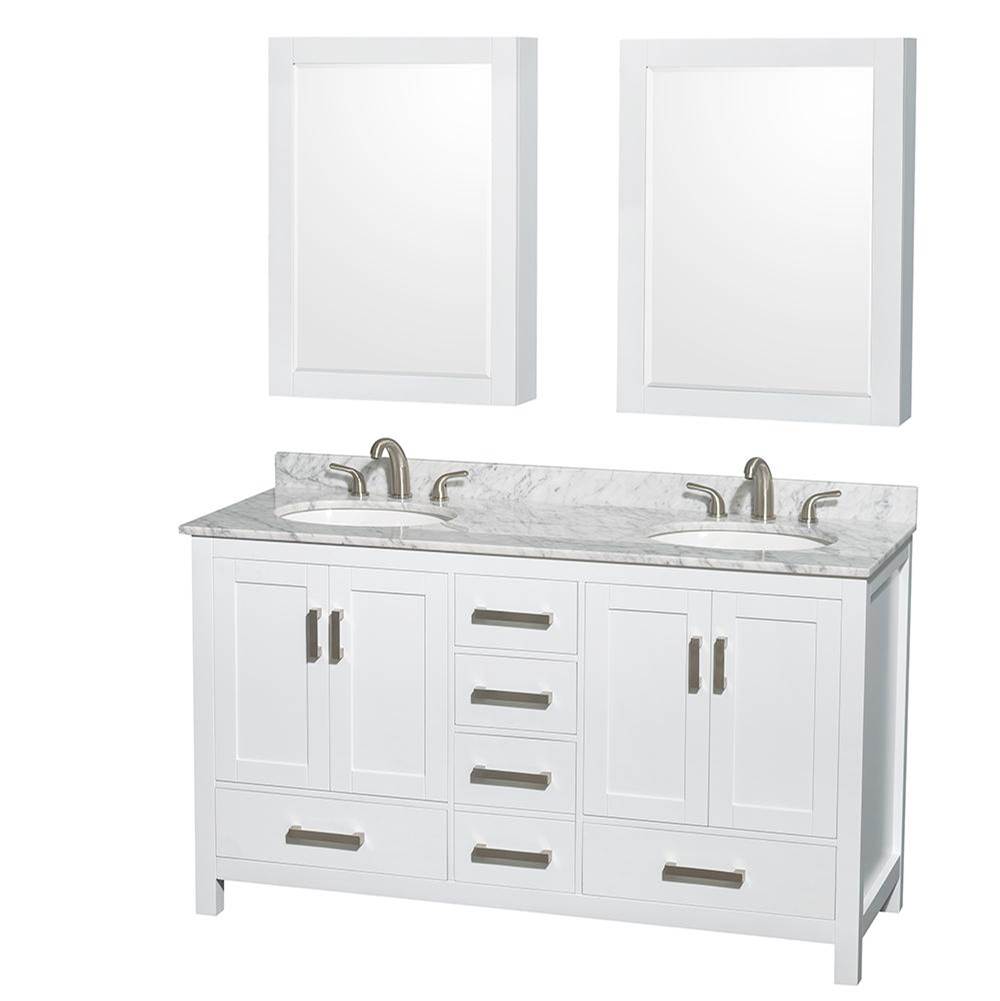 Wyndham Collection - Sheffield 60 Inch Double Bathroom Vanity in White, White Carrara Marble Countertop, Undermount Oval Sinks, and Medicine Cabinets - White