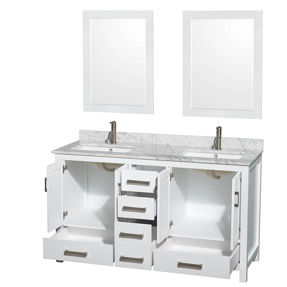 Sheffield 60 Inch Double Bathroom Vanity in Espresso, White Carrara Marble Countertop, Undermount Square Sinks, and 24 Inch Mirrors