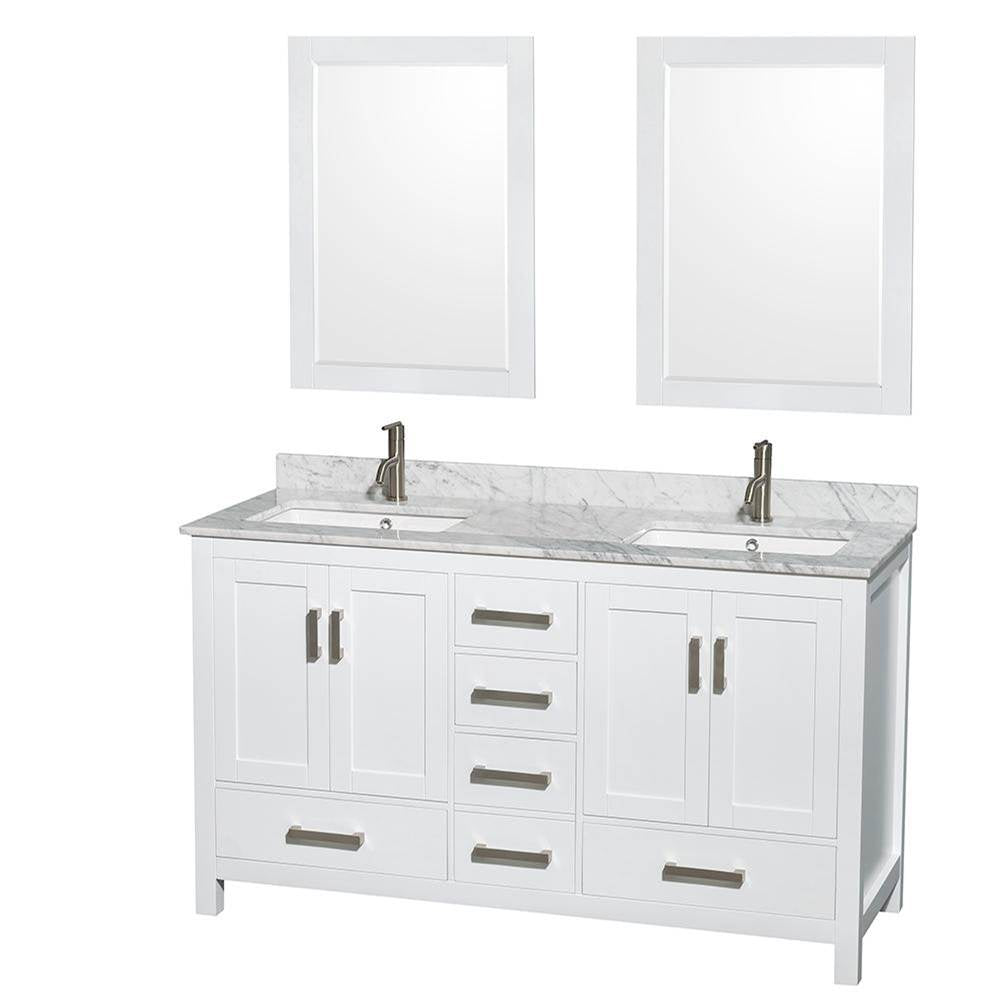 Wyndham Collection - Sheffield 60 Inch Double Bathroom Vanity in White, White Carrara Marble Countertop, Undermount Square Sinks, and 24 Inch Mirrors - White
