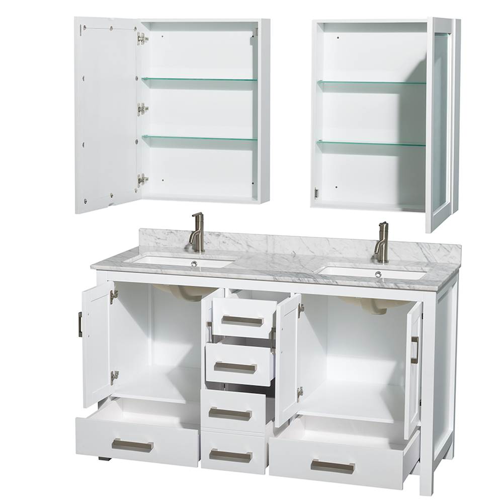 Sheffield 60 Inch Double Bathroom Vanity in Espresso, White Carrara Marble Countertop, Undermount Square Sinks, and Medicine Cabinets