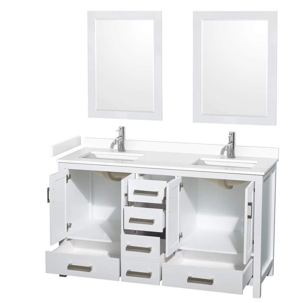 Sheffield 60 Inch Double Bathroom Vanity in White, White Cultured Marble Countertop, Undermount Square Sinks, 24 Inch Mirrors