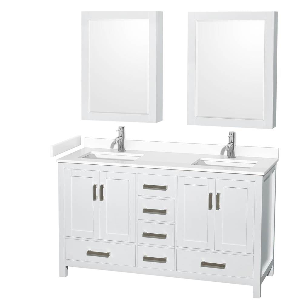Wyndham Collection - Sheffield 60 Inch Double Bathroom Vanity in White, White Cultured Marble Countertop, Undermount Square Sinks, Medicine Cabinets