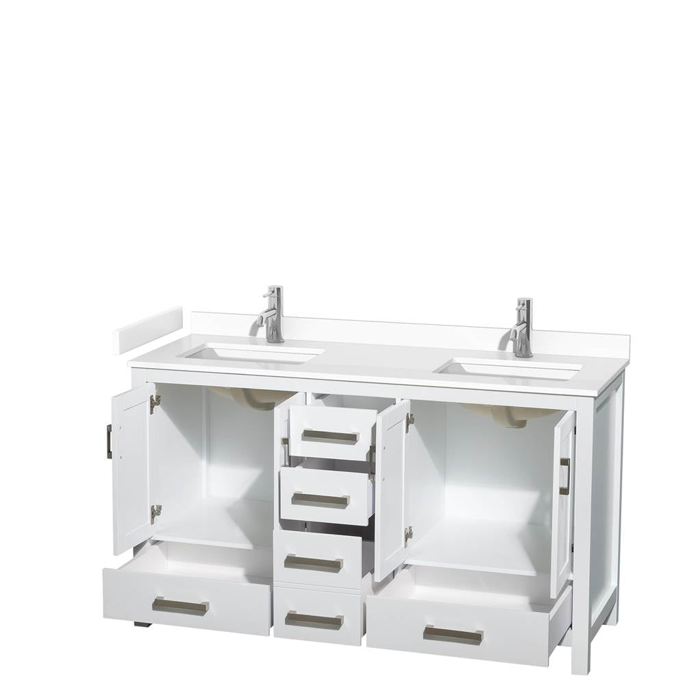 Sheffield 60 Inch Double Bathroom Vanity in White, White Cultured Marble Countertop, Undermount Square Sinks, No Mirror
