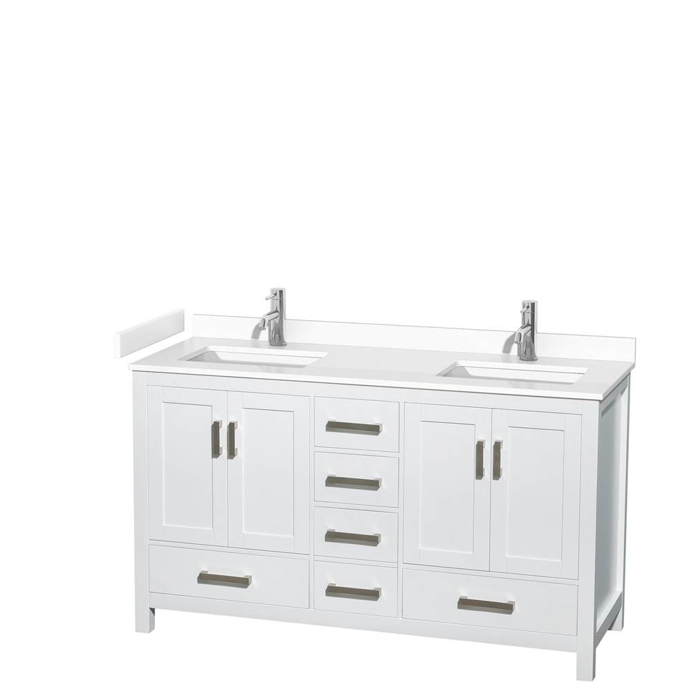 Wyndham Collection - Sheffield 60 Inch Double Bathroom Vanity in White, White Cultured Marble Countertop, Undermount Square Sinks, No Mirror