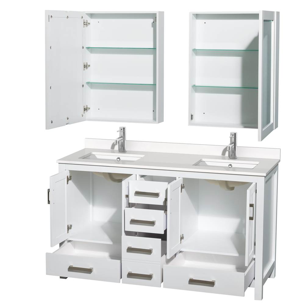 Sheffield 60 Inch Double Bathroom Vanity in Gray, White Quartz Countertop, Undermount Square Sinks, Medicine Cabinets