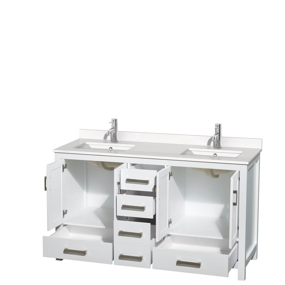 Sheffield 60 Inch Double Bathroom Vanity in Gray, White Quartz Countertop, Undermount Square Sinks, No Mirror