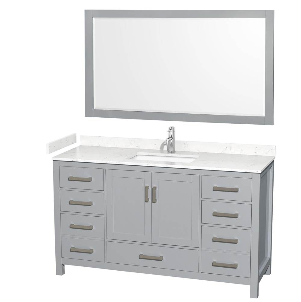 Wyndham Collection - Sheffield 60 Inch Single Bathroom Vanity in Gray, Carrara Cultured Marble Countertop, Undermount Square Sink, 58 Inch Mirror