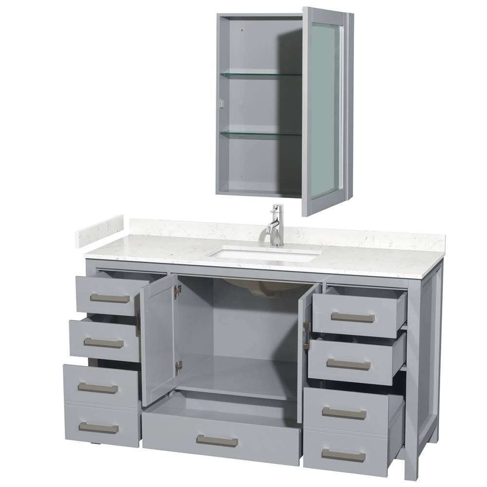 Sheffield 60 Inch Single Bathroom Vanity in Gray, Carrara Cultured Marble Countertop, Undermount Square Sink, Medicine Cabinet