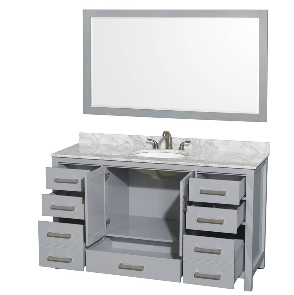 Sheffield 60 Inch Single Bathroom Vanity in Espresso, White Carrara Marble Countertop, Undermount Oval Sink, and 58 Inch Mirror