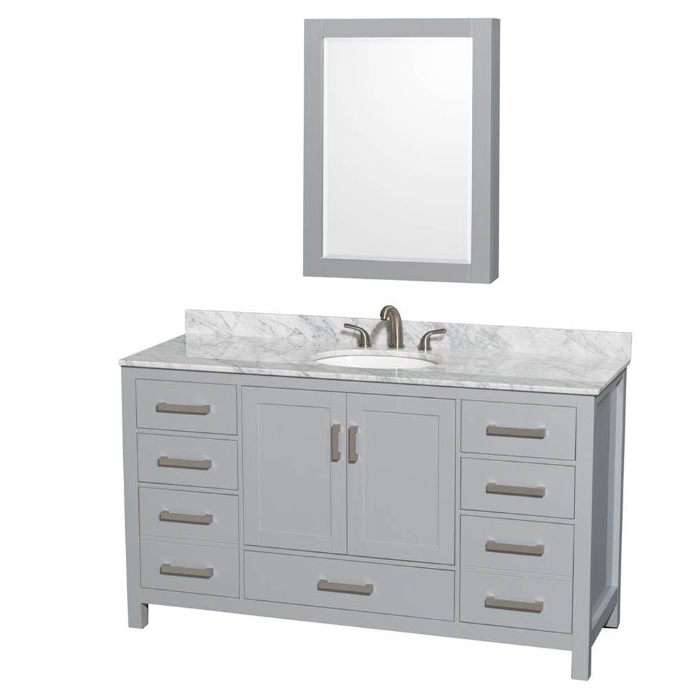 Wyndham Collection - Sheffield 60 Inch Single Bathroom Vanity in Gray, White Carrara Marble Countertop, Undermount Oval Sink, and Medicine Cabinet - Gray