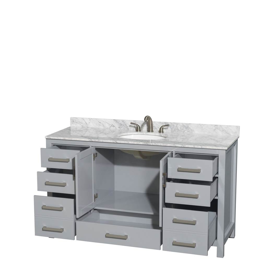 Sheffield 60 Inch Single Bathroom Vanity in Espresso, White Carrara Marble Countertop, Undermount Oval Sink, and No Mirror