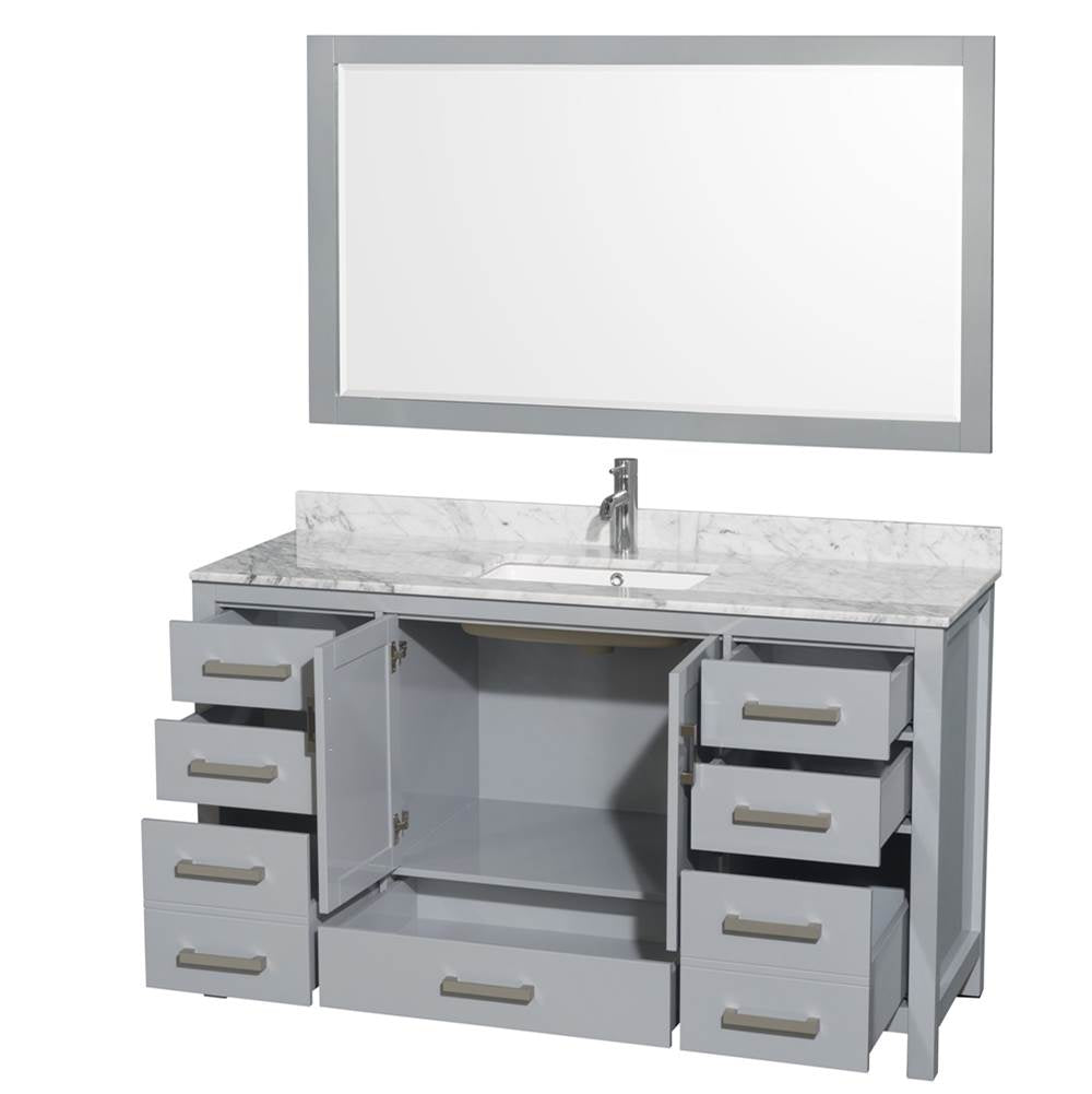 Sheffield 60 Inch Single Bathroom Vanity in Espresso, White Carrara Marble Countertop, Undermount Square Sink, and 58 Inch Mirror