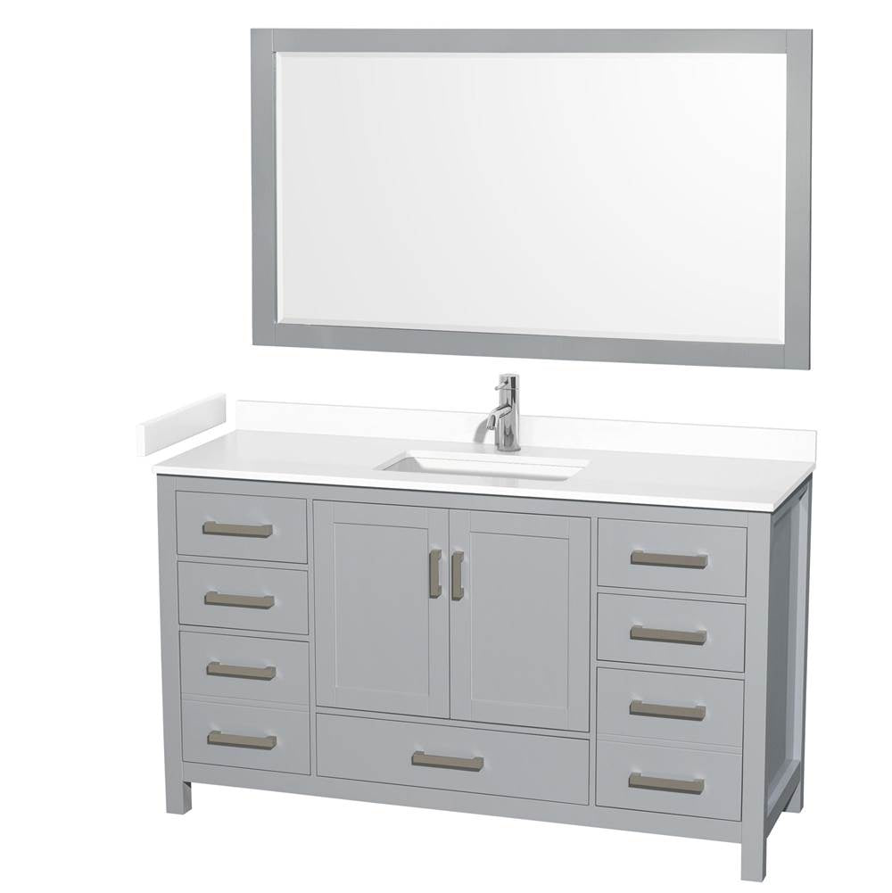Wyndham Collection - Sheffield 60 Inch Single Bathroom Vanity in Gray, White Cultured Marble Countertop, Undermount Square Sink, 58 Inch Mirror