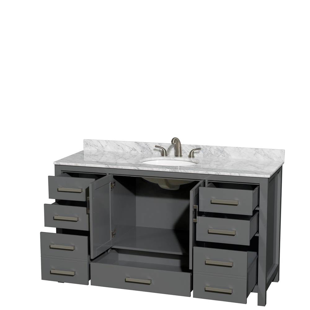 Sheffield 60 Inch Single Bathroom Vanity in Espresso, White Carrara Marble Countertop, Undermount Oval Sink, and No Mirror