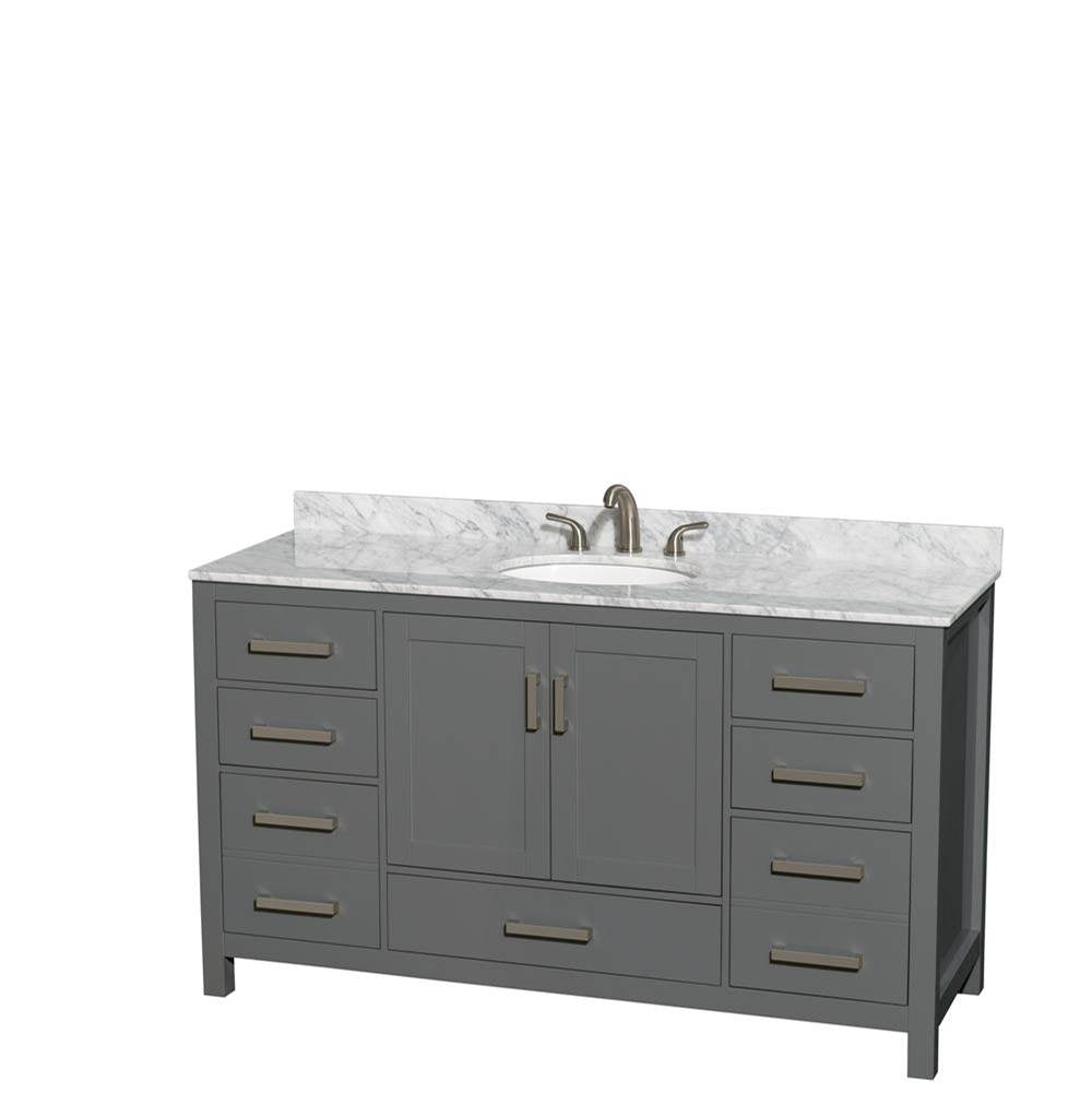 Wyndham Collection - Sheffield 60 Inch Single Bathroom Vanity in Dark Gray, White Carrara Marble Countertop, Undermount Oval Sink, and No Mirror - Dark Gray