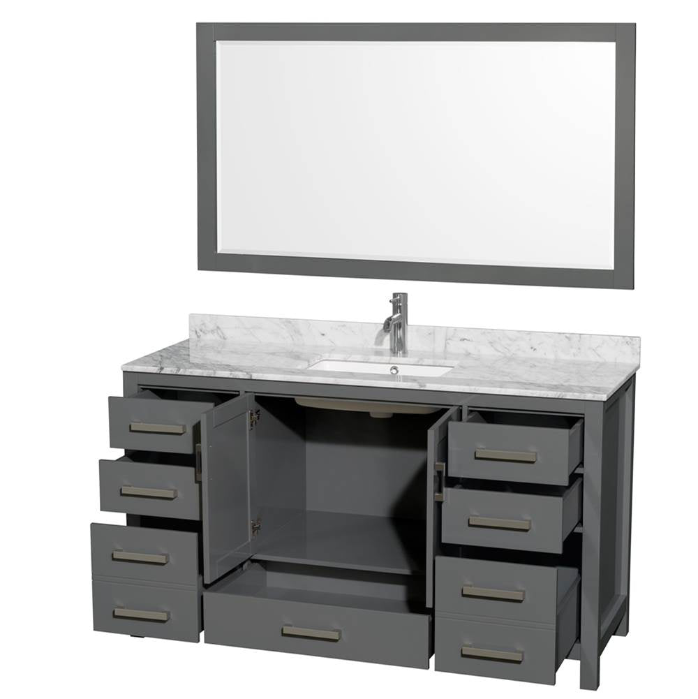 Sheffield 60 Inch Single Bathroom Vanity in Espresso, White Carrara Marble Countertop, Undermount Square Sink, and 58 Inch Mirror