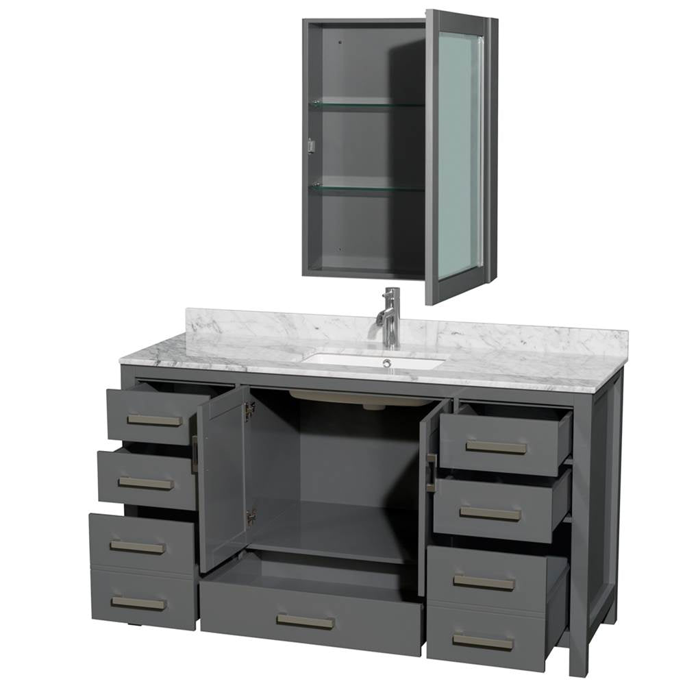 Sheffield 60 Inch Single Bathroom Vanity in Espresso, White Carrara Marble Countertop, Undermount Square Sink, and Medicine Cabinet
