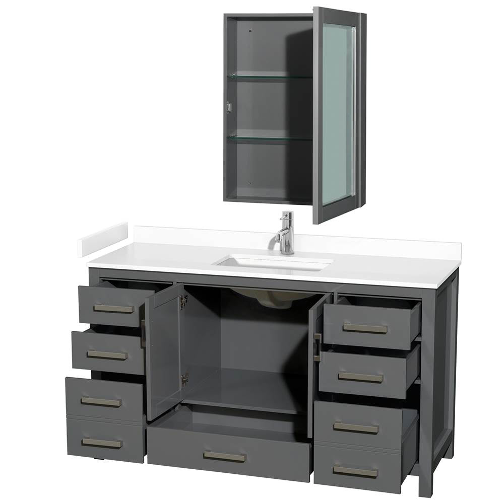 Sheffield 60 Inch Single Bathroom Vanity in Dark Gray, White Cultured Marble Countertop, Undermount Square Sink, Medicine Cabinet