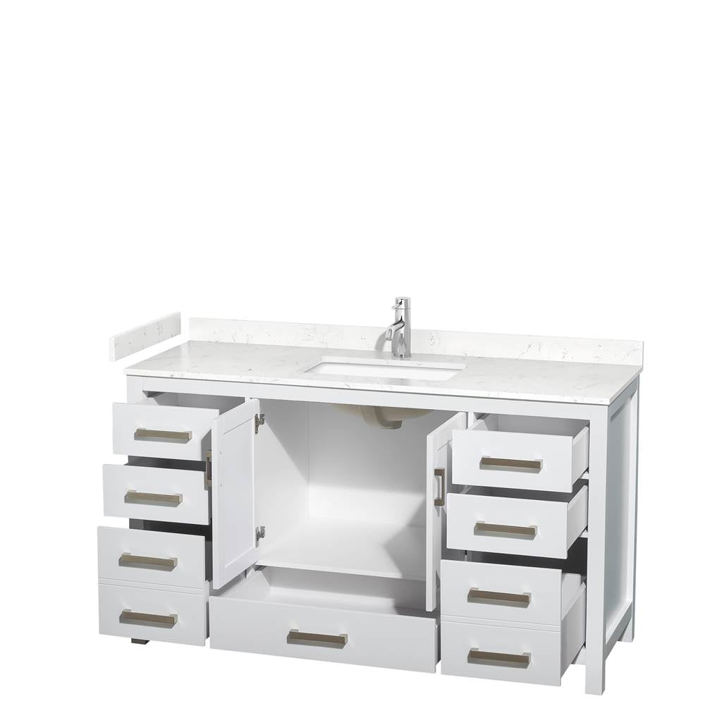 Sheffield 60 Inch Single Bathroom Vanity in White, Carrara Cultured Marble Countertop, Undermount Square Sink, No Mirror