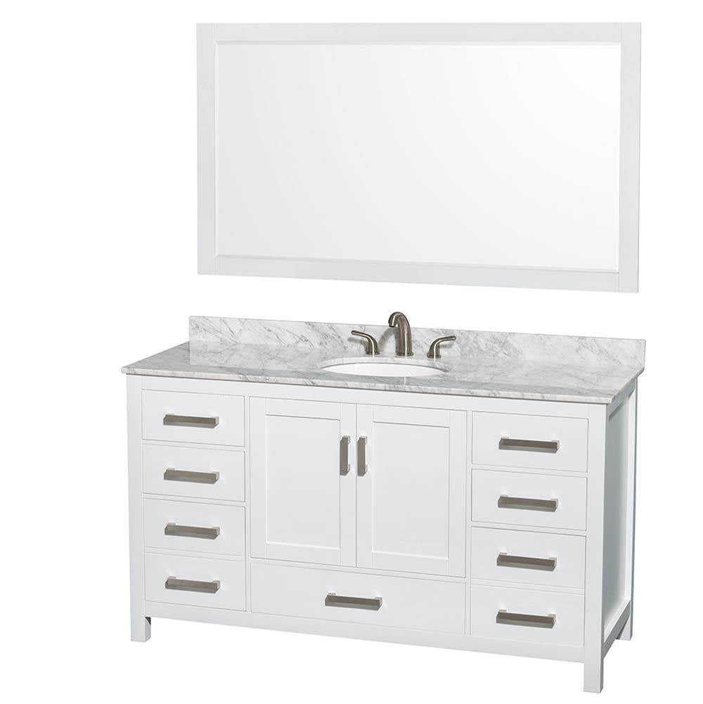 Wyndham Collection - Sheffield 60 Inch Single Bathroom Vanity in White, White Carrara Marble Countertop, Undermount Oval Sink, and 58 Inch Mirror - White