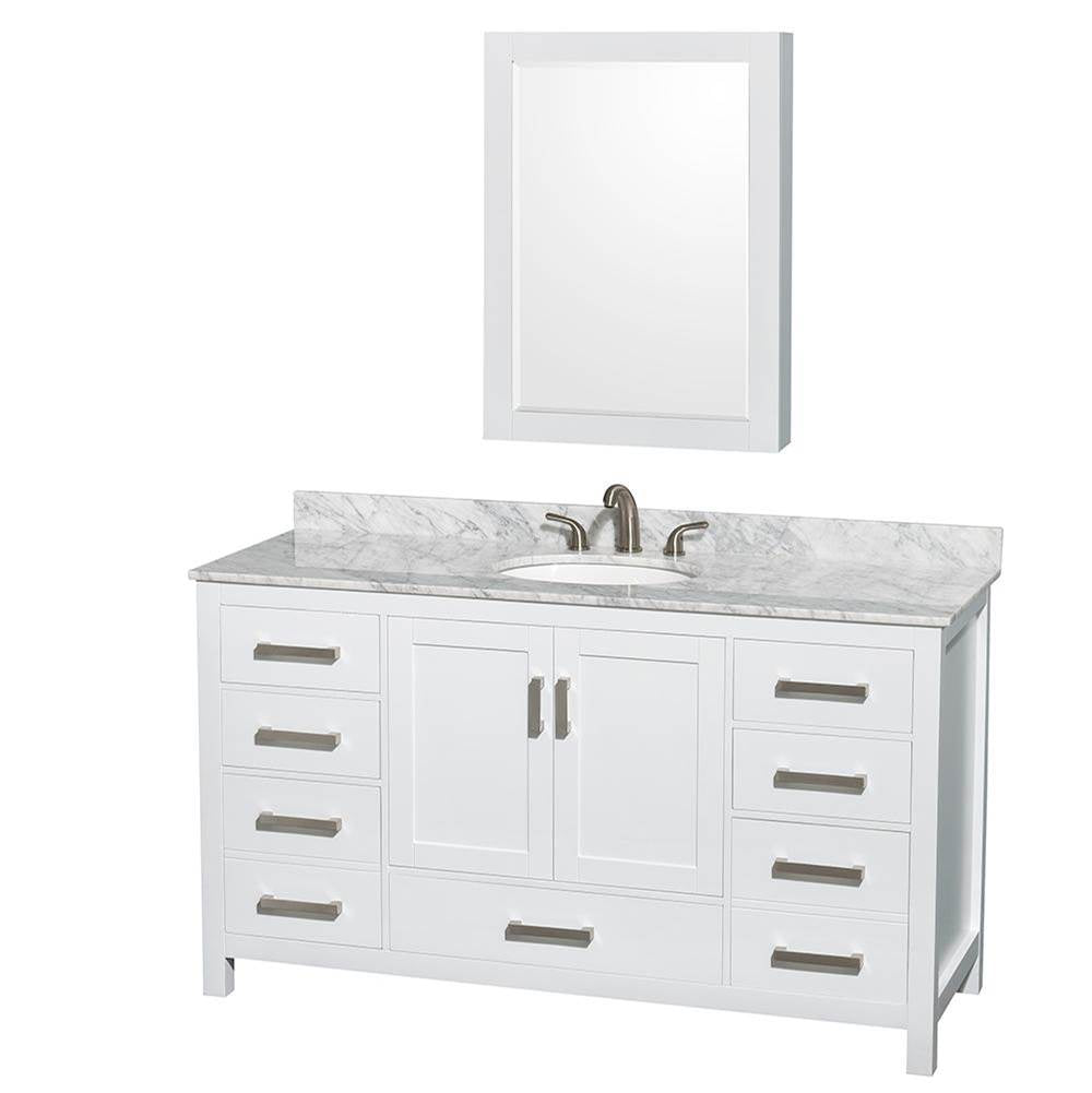 Wyndham Collection - Sheffield 60 Inch Single Bathroom Vanity in White, White Carrara Marble Countertop, Undermount Oval Sink, and Medicine Cabinet - White