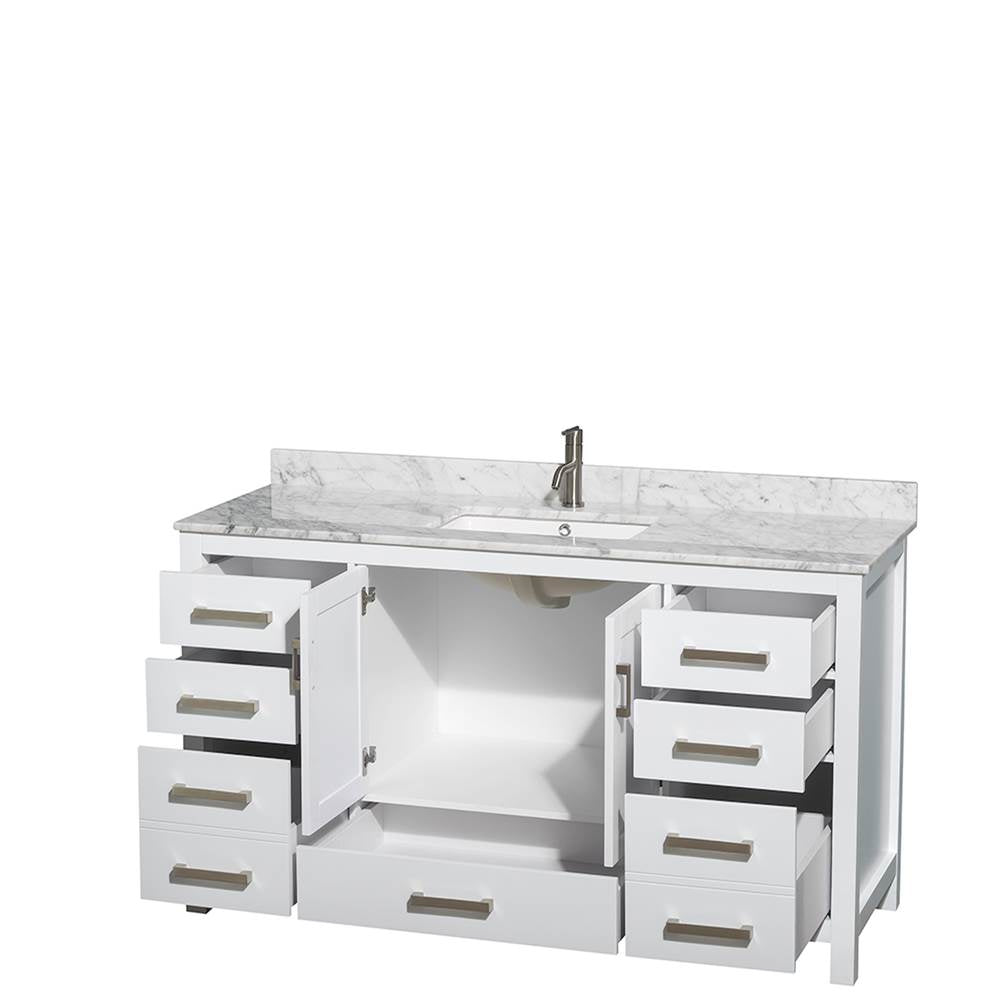 Sheffield 60 Inch Single Bathroom Vanity in Espresso, White Carrara Marble Countertop, Undermount Square Sink, and No Mirror
