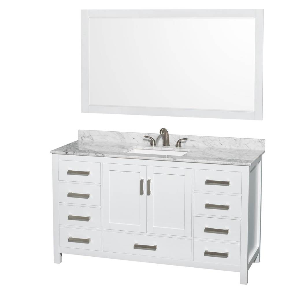 Wyndham Collection - Sheffield 60 Inch Single Bathroom Vanity in White, White Carrara Marble Countertop, Undermount 3-Hole Square Sink, 58 Inch Mirror - White