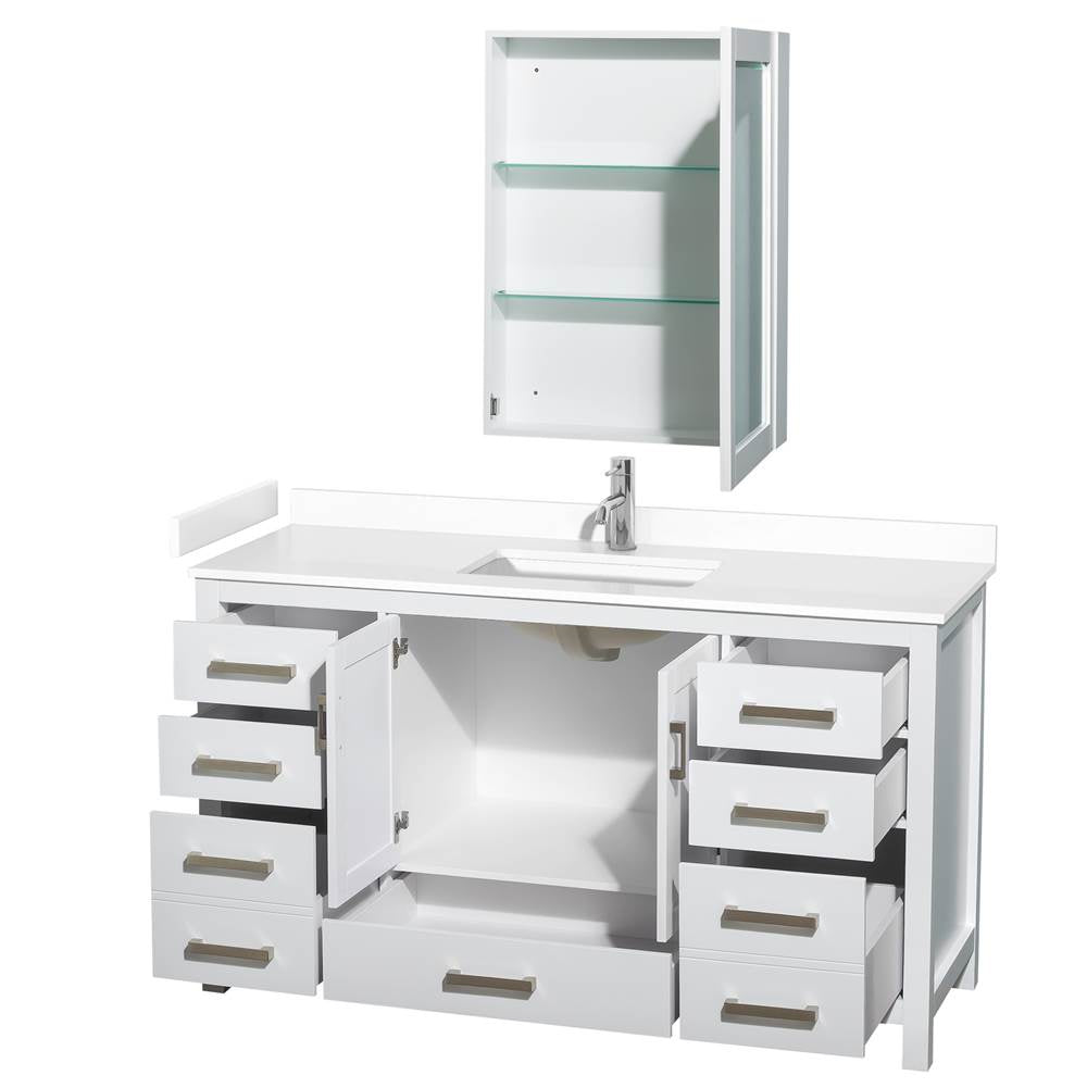 Sheffield 60 Inch Single Bathroom Vanity in White, White Cultured Marble Countertop, Undermount Square Sink, Medicine Cabinet