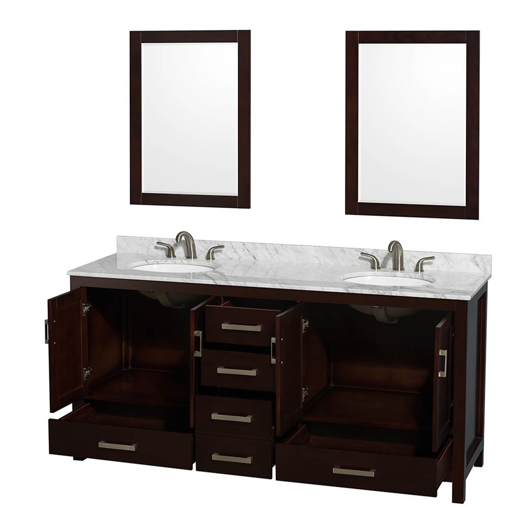 Sheffield 72 Inch Double Bathroom Vanity in Espresso, White Carrara Marble Countertop, Undermount Oval Sinks, and 24 Inch Mirrors
