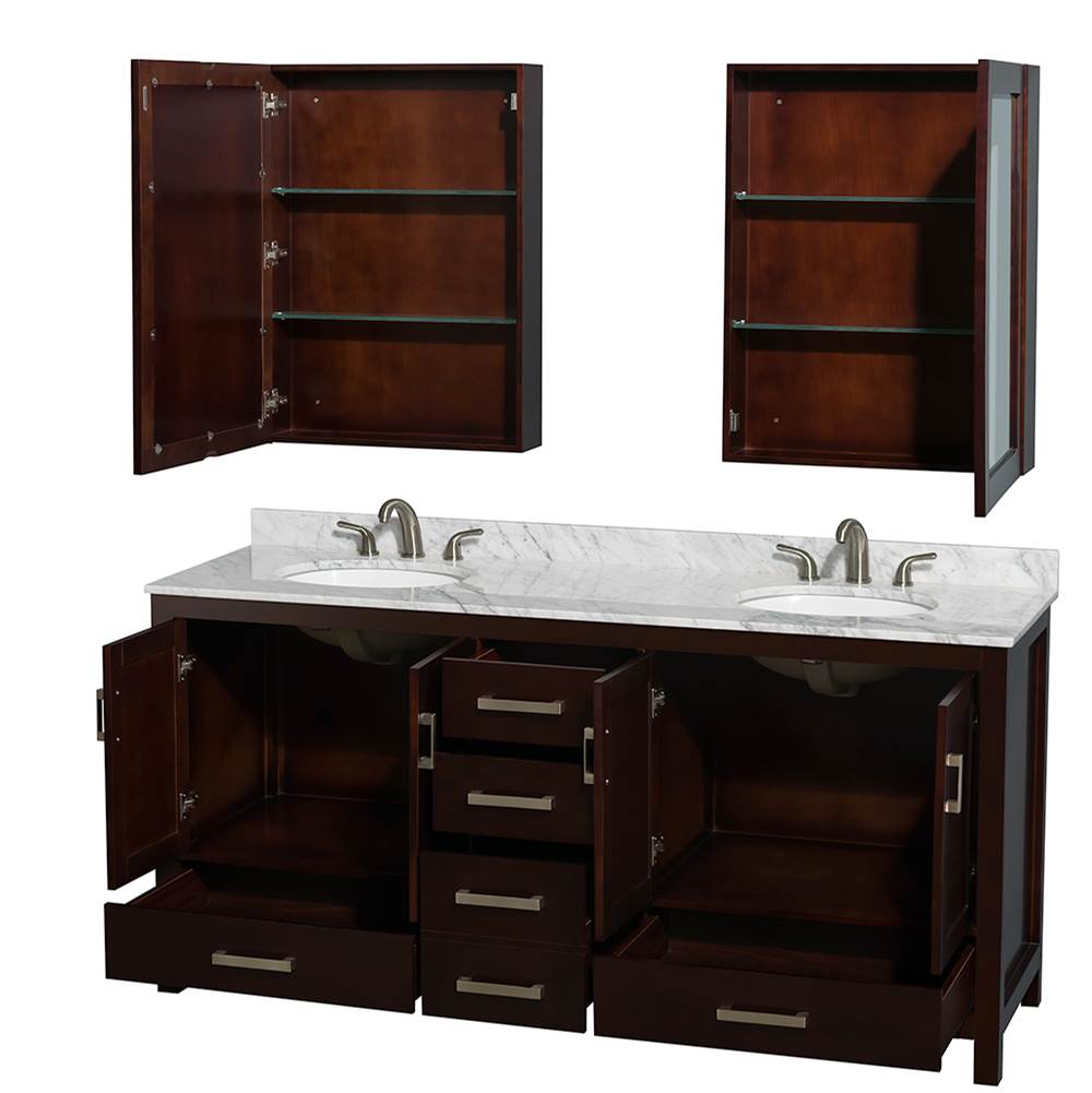 Sheffield 72 Inch Double Bathroom Vanity in Espresso, White Carrara Marble Countertop, Undermount Oval Sinks, and Medicine Cabinets