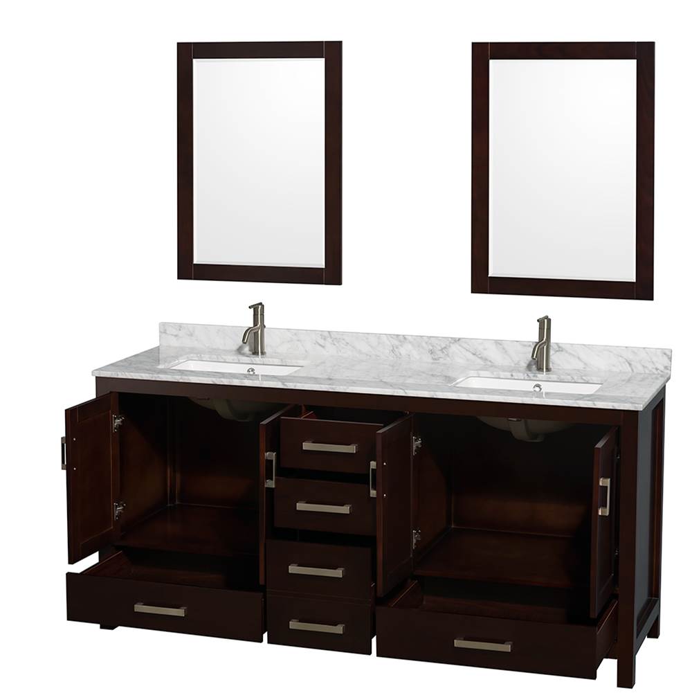 Sheffield 72 Inch Double Bathroom Vanity in Espresso, White Carrara Marble Countertop, Undermount Square Sinks, and 24 Inch Mirrors