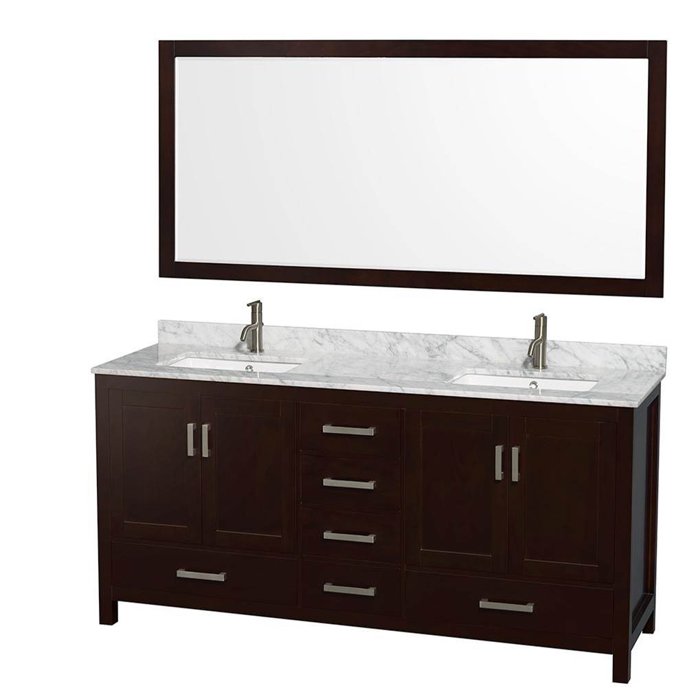 Wyndham Collection - Sheffield 72 Inch Double Bathroom Vanity in Espresso, White Carrara Marble Countertop, Undermount Square Sinks, and 70 Inch Mirror - Espresso