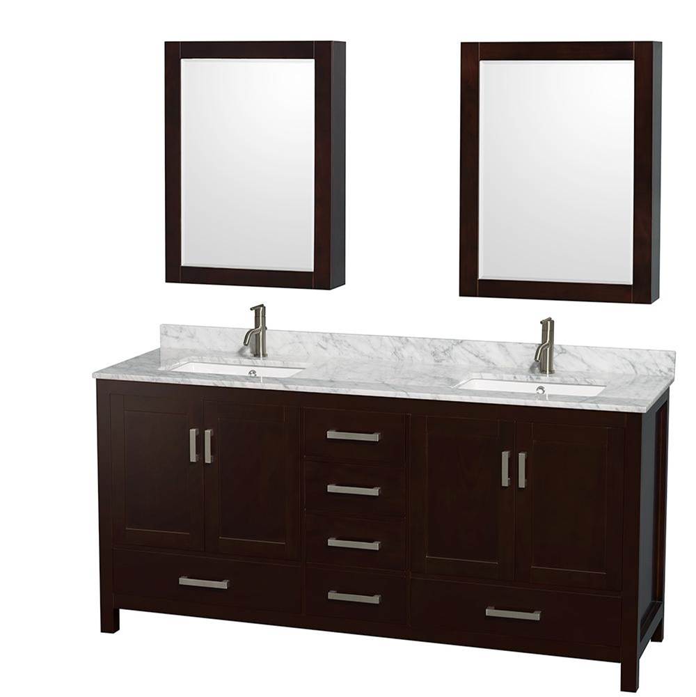 Wyndham Collection - Sheffield 72 Inch Double Bathroom Vanity in Espresso, White Carrara Marble Countertop, Undermount Square Sinks, and Medicine Cabinets - Espresso