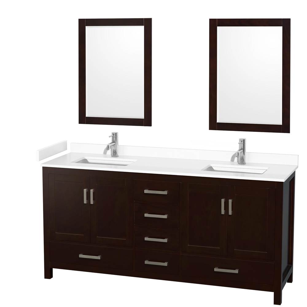 Wyndham Collection - Sheffield 72 Inch Double Bathroom Vanity in Espresso, White Cultured Marble Countertop, Undermount Square Sinks, 24 Inch Mirrors