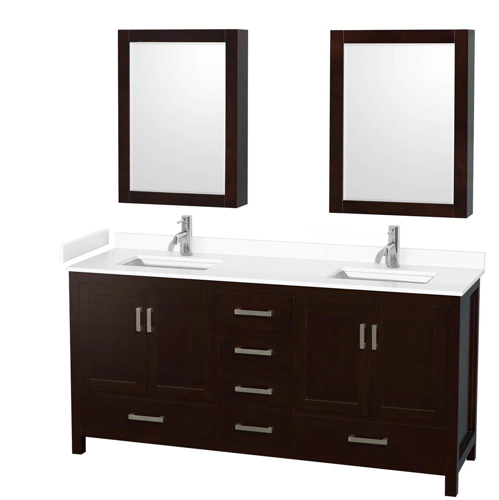 Wyndham Collection - Sheffield 72 Inch Double Bathroom Vanity in Espresso, White Cultured Marble Countertop, Undermount Square Sinks, Medicine Cabinets