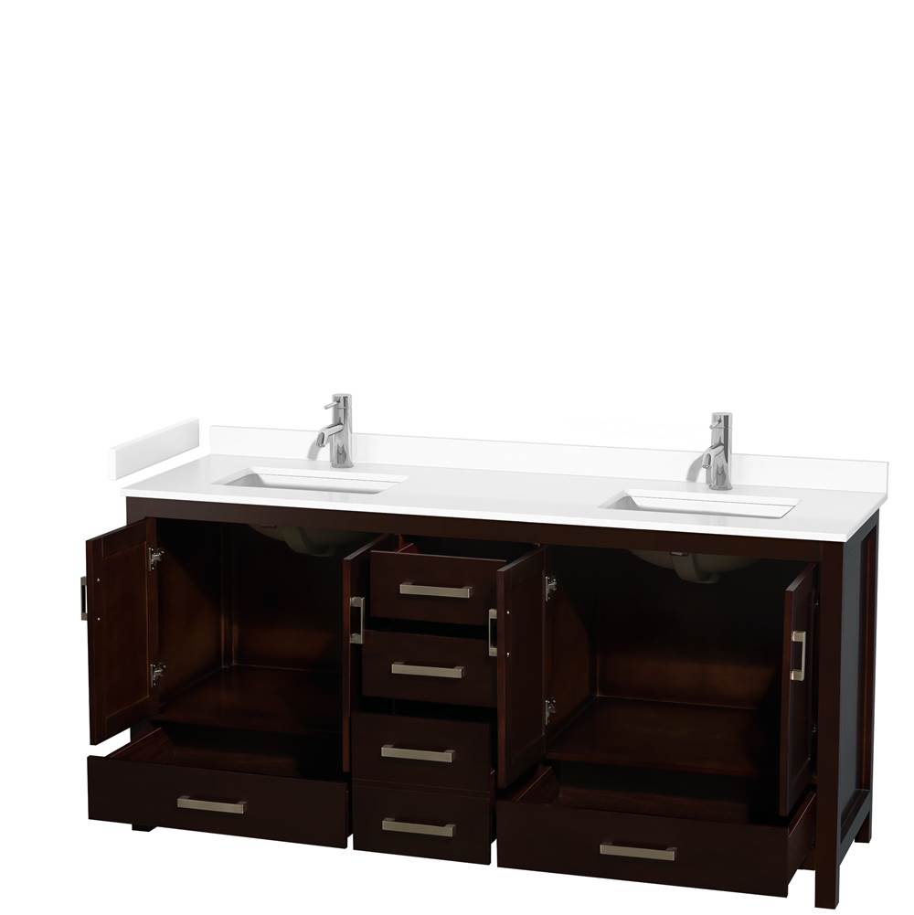 Sheffield 72 Inch Double Bathroom Vanity in Espresso, White Cultured Marble Countertop, Undermount Square Sinks, No Mirror